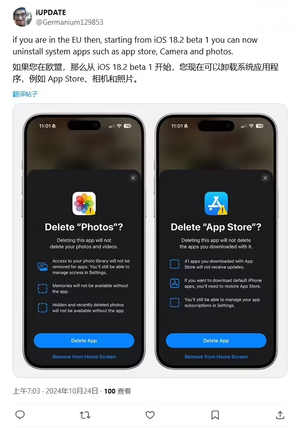 翰林镇苹果手机维修分享iOS 18.2 支持删除 App Store 应用商店 