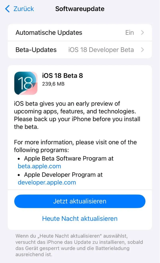 翰林镇苹果手机维修分享苹果 iOS / iPadOS 18 开发者预览版 Beta 8 发布 